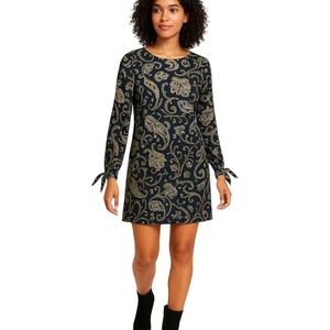H&M Blue Paisley Boho Long Tie Sleeve Round Neck Mini Sheath Dress - Sz 6